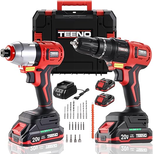 TEENO Impact Driver 180 Nm + 20 V Cordless Drill - Professional 2-in-1 Kit, 2 x 1.5Ah Batteries, Fast Charger, 22 Accessories - for DIY and Pro