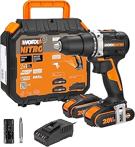 WORX NITRO Perceuse Visseuse sans Fil Brushless 20V WX102, Compacte et légère, Couple 60Nm, Mandrin 13mm, 2 vitesses, Lumière LED, Vissage et Dévissage, Livrée avec 2 Batteries 2Ah et Chargeur rapide