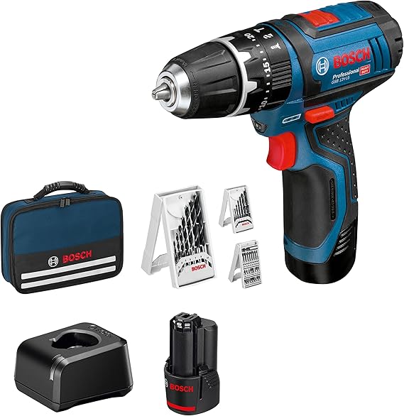 Bosch Professional 12V System impact drill/driver GSB 12V-15 (Ø max. drilling wood: 19 mm, 2 x 2.0Ah batteries, charger, 2 drill sets, 1 set of bits and pouch) - Amazon Exclusive Set