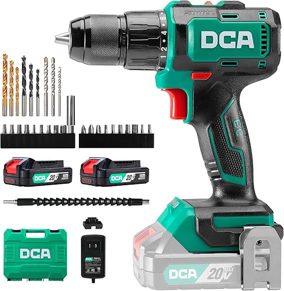 DCA 20V Brushless Cordless Impact Drill, 55Nm Max Torque, 13mm All Metal Chuck, 18+1+1 Torque Settings (0-450/1800rpm), Compact Design with 2*2.0Ah Battery and Charger