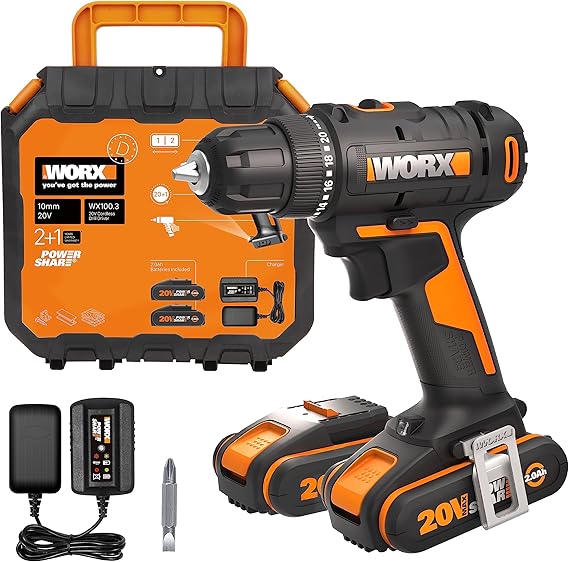 WORX Perceuse Visseuse sans fil 18V(20V MAX) WX100.3, PowerShare, Couple Max 30 Nm, Vitesse Variable, Lumière LED, Mandrin sans Clé 10 mm, 2 Batterie Incluses