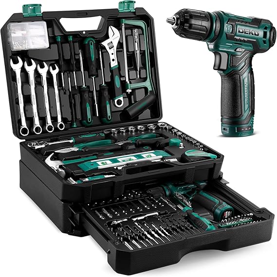 DEKO Complete Tool Box 238 Pieces with 12V Cordless Drill - Professional Tool Box with Saw, Pliers, Portable Workbench and Tool Storage for Repair – Green