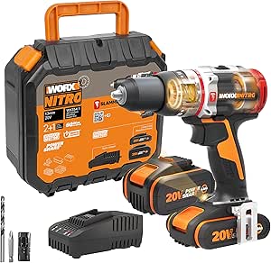 WORX NITRO 18V(20V MAX) Perceuse à Percussion sans Fil WX354.1 PowerShare PRO Brushless 60 N.m Commande à 2 Vitesses 10mm dans Béton Armé 1 Mèche de Maçonnerie 8mm1 Batterie 2 Ah 1 Batterie 4 Ah