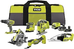 RYOBI - Kit 6 outils 18V ONE+ : Perceuse percussion, Scie sauteuse, Ponceuse triangulaire, outil multi-fonction, Scie circulaire, Aspirateur - batterie 1x4Ah, 1x2Ah, chargeur, sac - RCK186O-242SZL