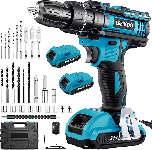 LEEIKOO Perceuse Visseuse Sans Fil 21V, Visseuse Devisseuse avec 2 Batteries 2.0Ah, 42N.m Percussion, 25+3 Réglages de Couple, 30 Accessoires, 2 Vitesses, LED, pour Projet de Bricolage