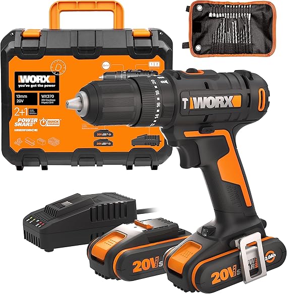 WORX Cordless Impact Driver 18V (20V MAX) WX370, PowerShare, Max. 50Nm, with 2 x 2.0 Ah Batteries and 30 Drills, 2 Variable Speed, 13 mm Automatic Chuck